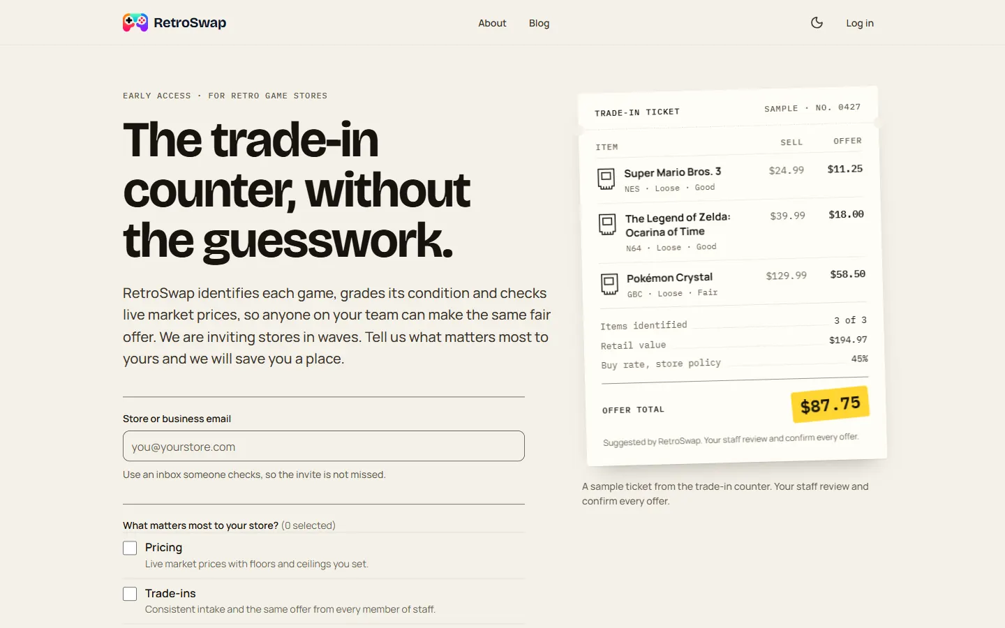 The RetroSwap home page: "The trade-in counter, without the guesswork", with an early-access sign-up form beside a sample trade-in ticket